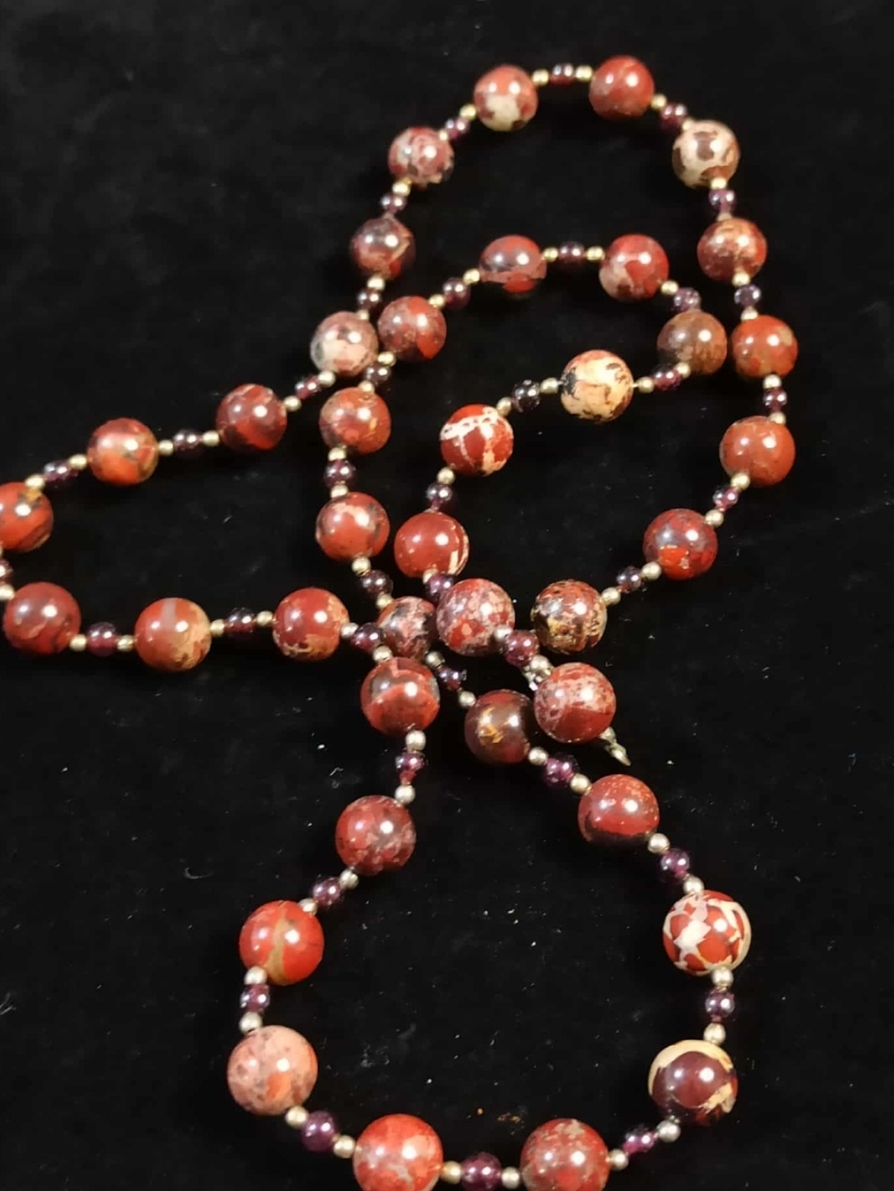 VINTAGE red jasper style stone bead necklace long strand marbled natural look